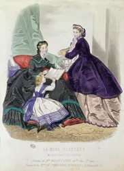 Divattábla Madame Breant-Castel által tervezett ruhákkal, a „La Mode Illustree”-ből, 1864 (színes gravírozás)
